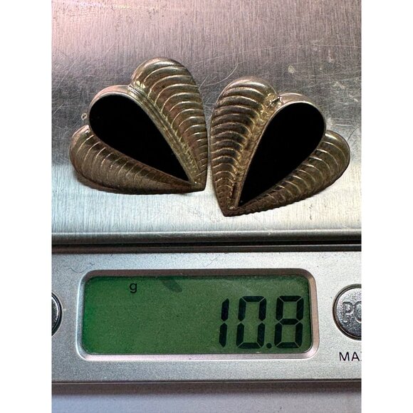 Estate Sterling Silver 925 ND Black Onyx Modernist Ribbed Heart Stud Earrings - Picture 8 of 8